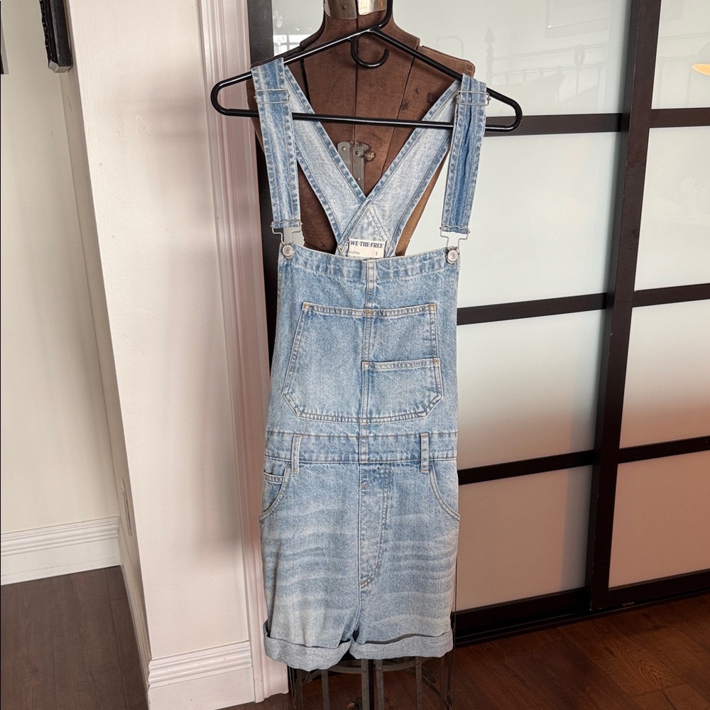 We The Free Light Blue Denim Short Overalls Romper
